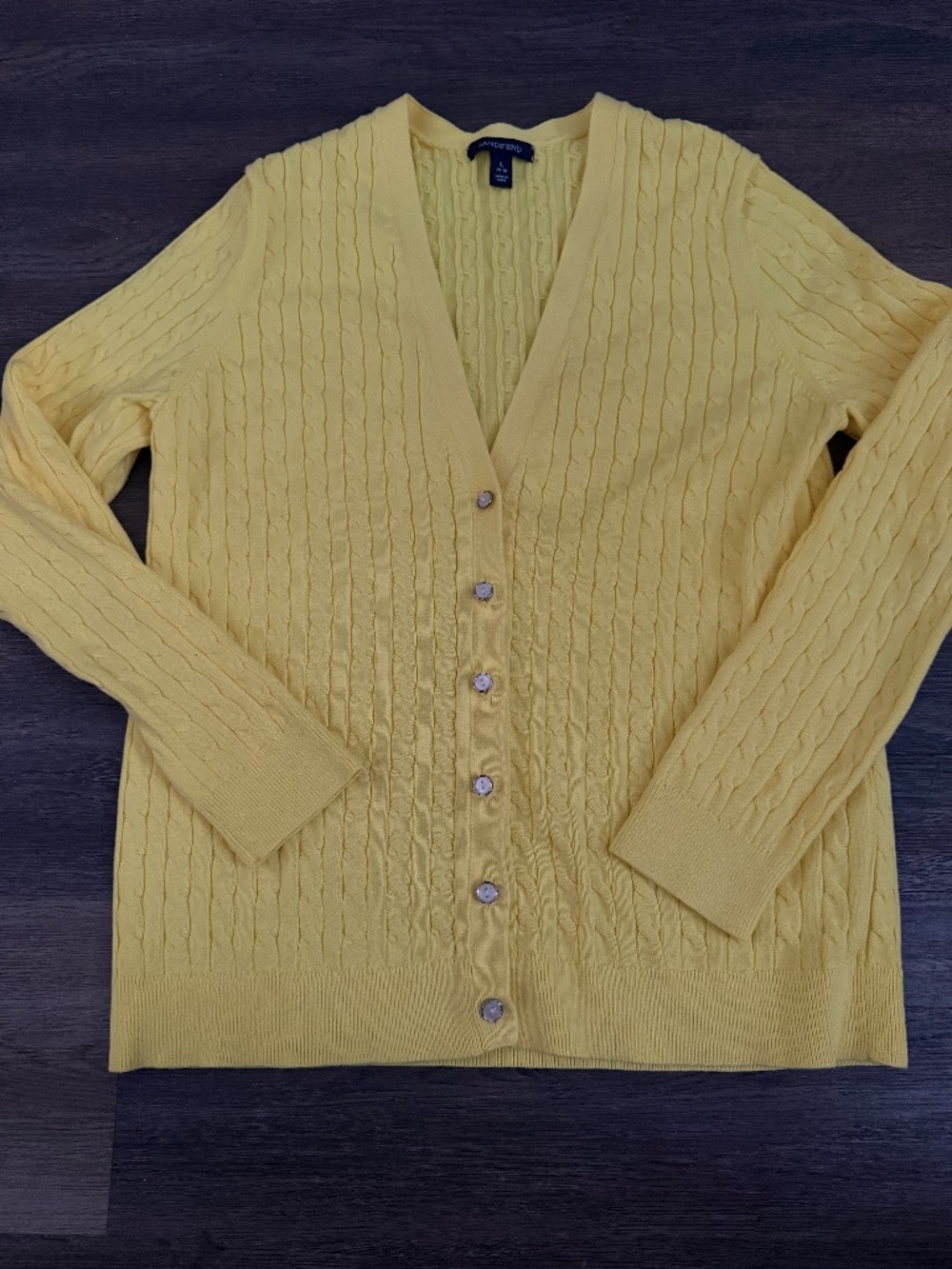 Lands' End Yellow Cable Knit Cardigan Sweater  Size L 14-16 100% Baumwolle